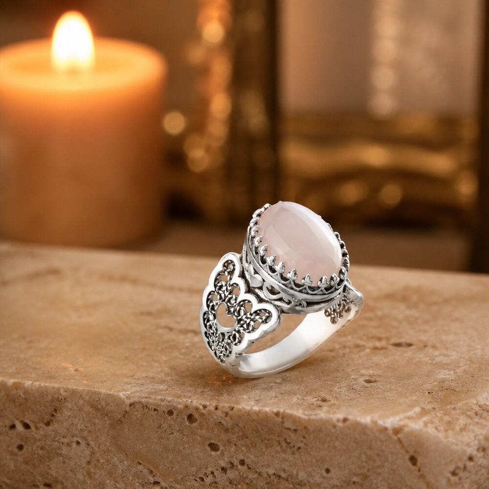 925 Silver Rose Quartz Ring- Handmade Filigree size 7.25